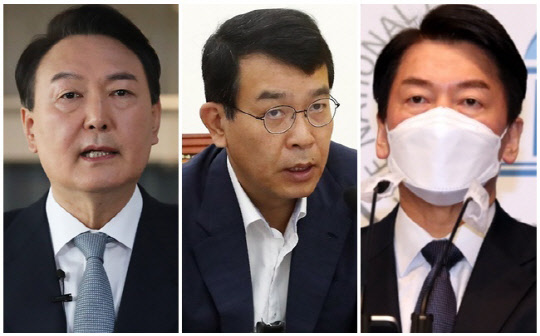 윤석열(왼쪽) 국민의힘 대선 후보, 김종대(가운데) 정의당 전 의원, 안철수 국민의당 대선 후보. <연합뉴스>